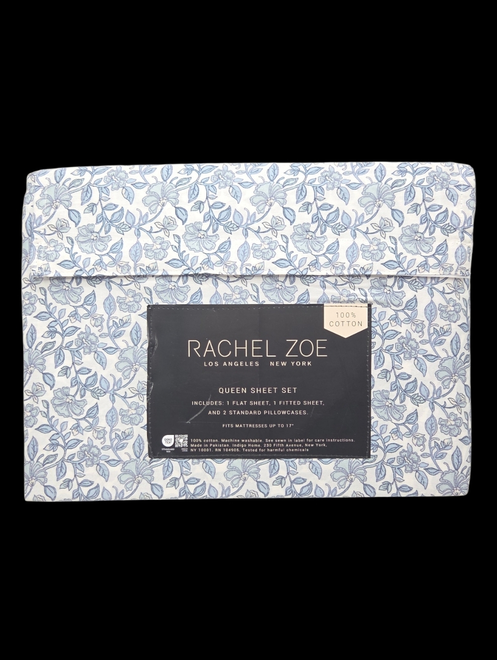 Rachel Zoe Floral Cotton Queen Sheet Set of‎ 4pc White Blue